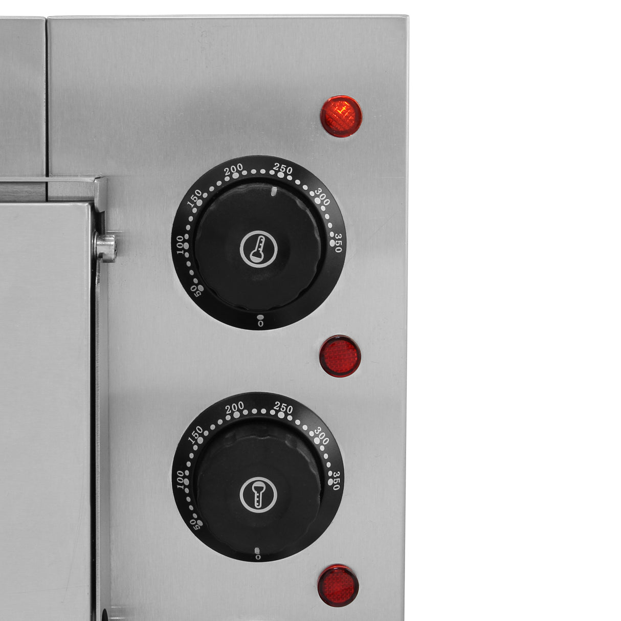 Boutons de réglage en noir et argent sur un four à pizza électrique, avec indicateurs lumineux rouges et échelle de température jusqu'à 300°C