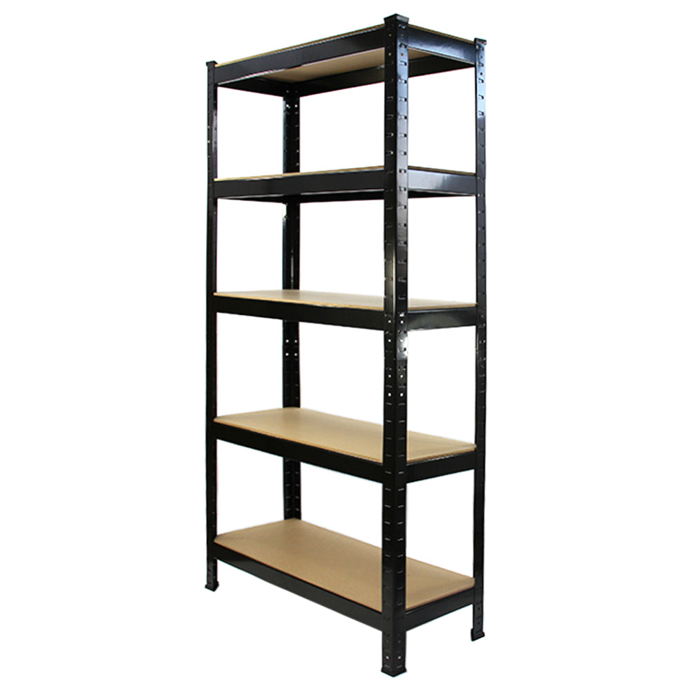 Rayonnage T-Rax en acier noir avec cinq étagères en bois, dimensions 75cm x 30cm x 150cm, idéal pour le rangement robuste et organisé