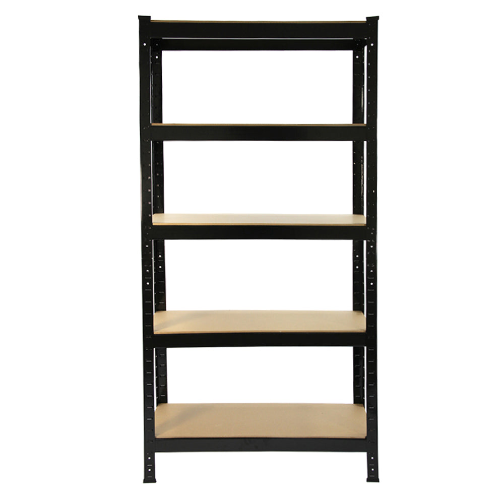 Rayonnage T-Rax en acier noir avec quatre étagères en bois clair, dimensions 75cm x 30cm x 150cm, design robuste et moderne