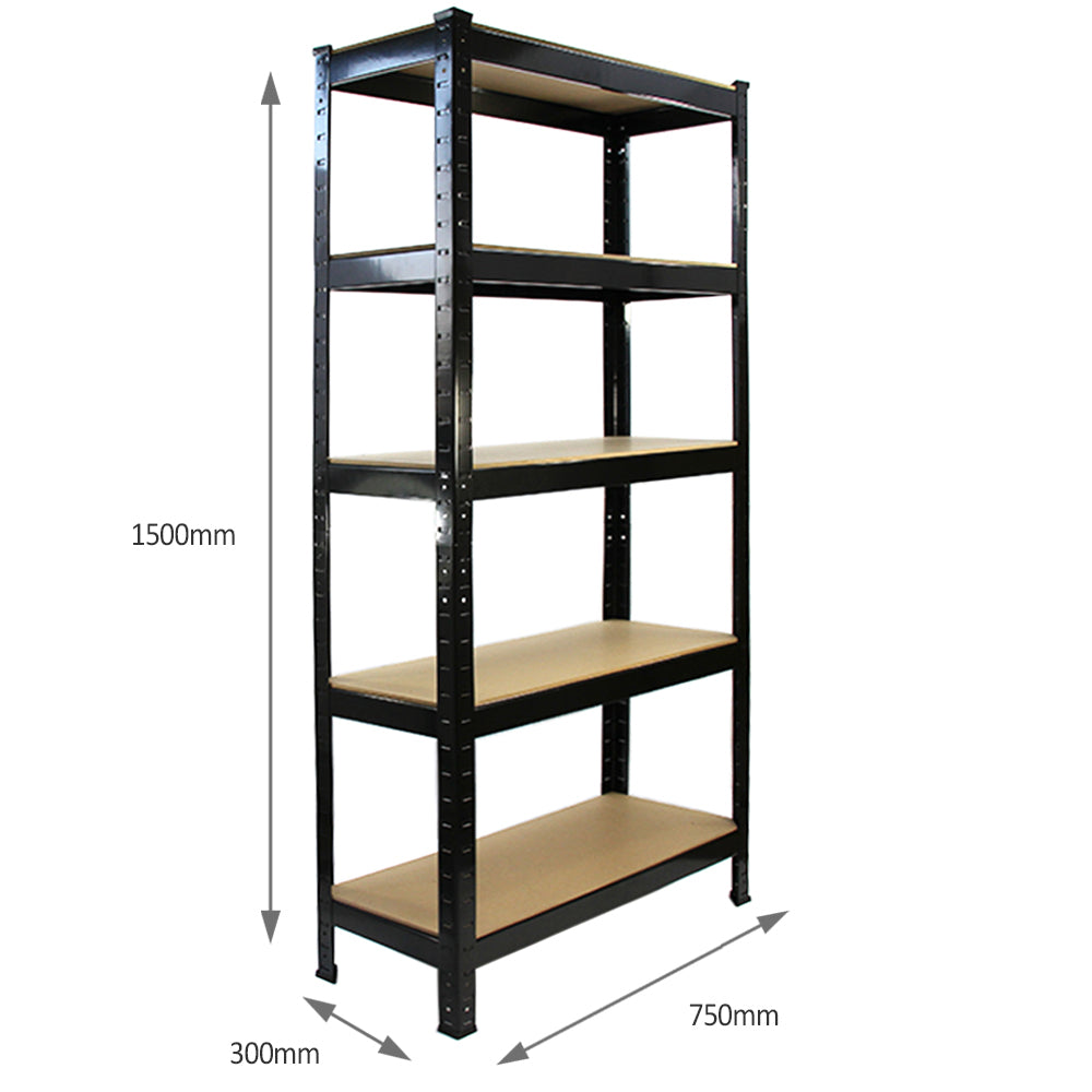 Rayonnage T-Rax en acier noir, dimensions 75 cm x 30 cm x 150 cm, avec cinq étagères en bois, surface lisse et robuste