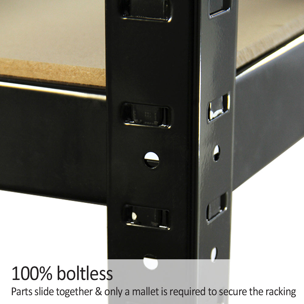 Rayonnage T-Rax en acier noir, dimensions 75cm x 30cm x 150cm, sans boulons, avec étagères en bois, design robuste et pratique