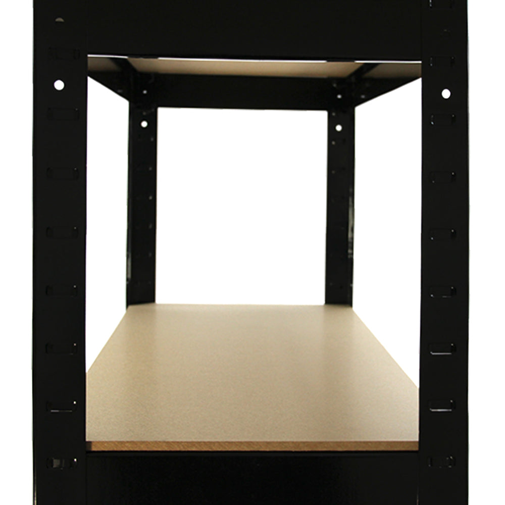 Rayonnage T-Rax en acier noir avec étagère en bois clair, dimensions 75cm x 30cm x 150cm, conçu pour un rangement robuste et élégant