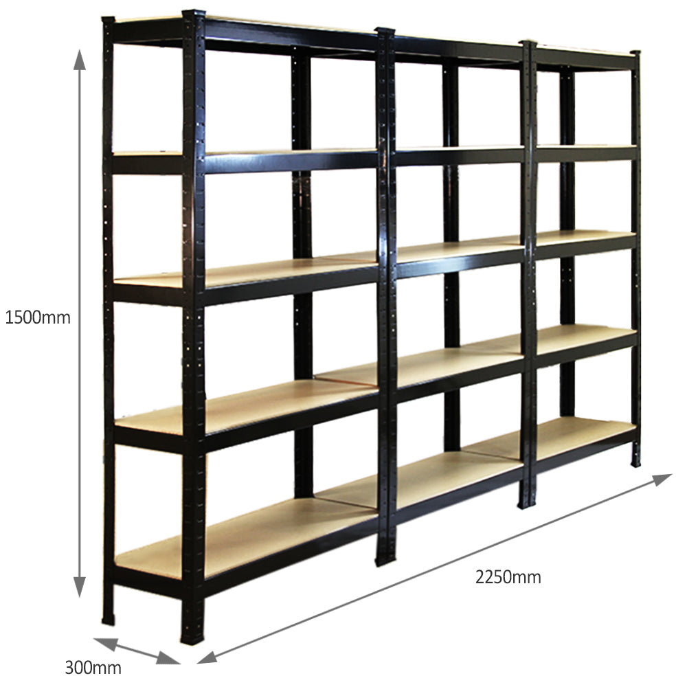 Rayonnages T-Rax en acier noir, dimensions 75cm x 30cm x 150cm, avec étagères robustes et finition lisse, parfaits pour le rangement