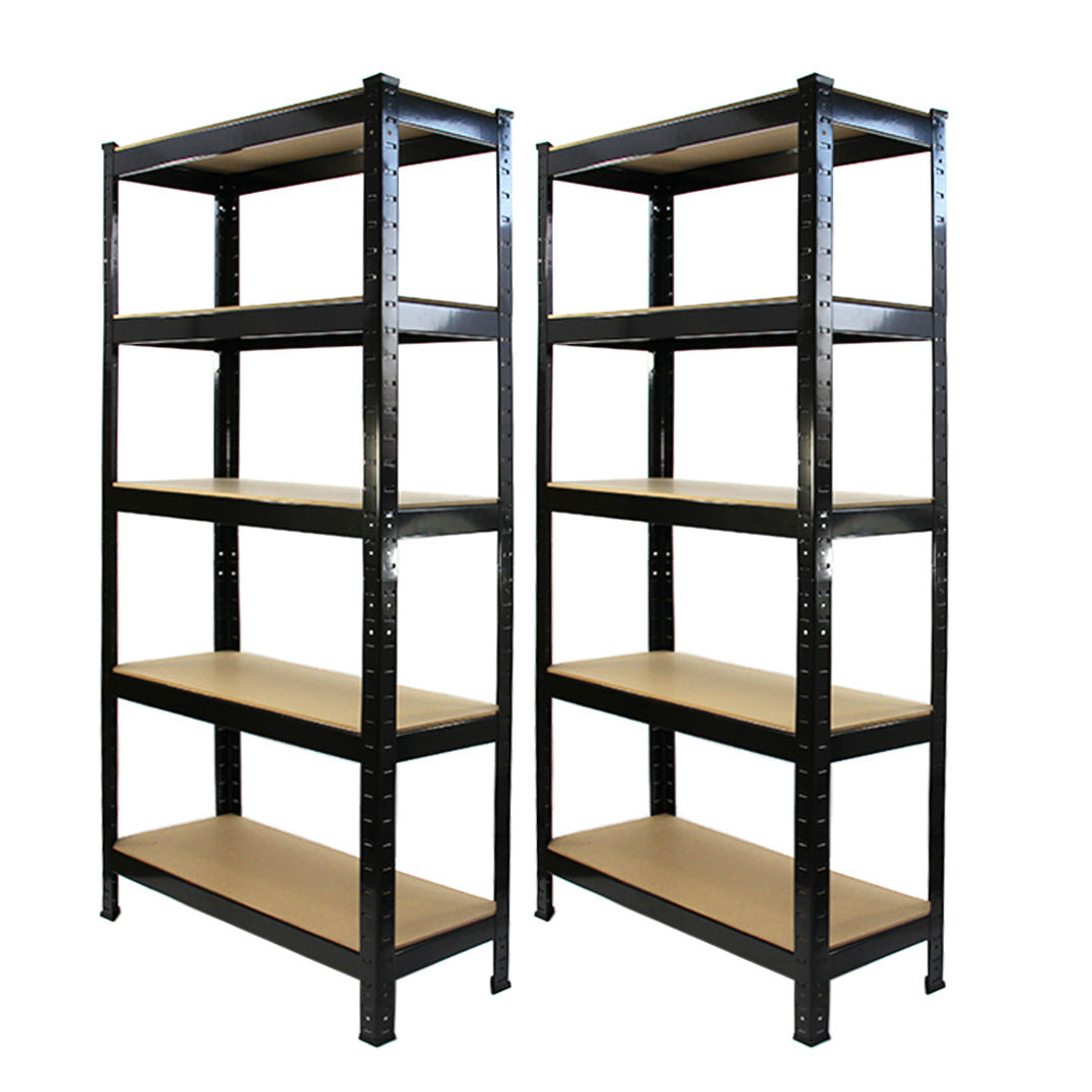 Rayonnages T-Rax en acier noir, dimensions 75cm x 30cm x 150cm, avec cinq étagères en bois clair, robustes et modernes