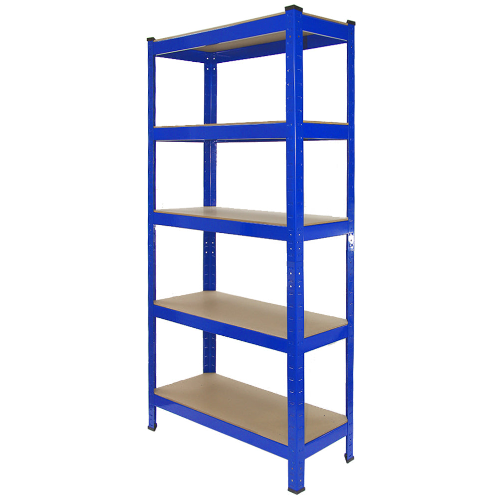 Rayonnage T-Rax en acier bleu, dimensions 75cm x 30cm x 150cm, avec cinq étagères en bois clair, idéal pour le rangement robuste