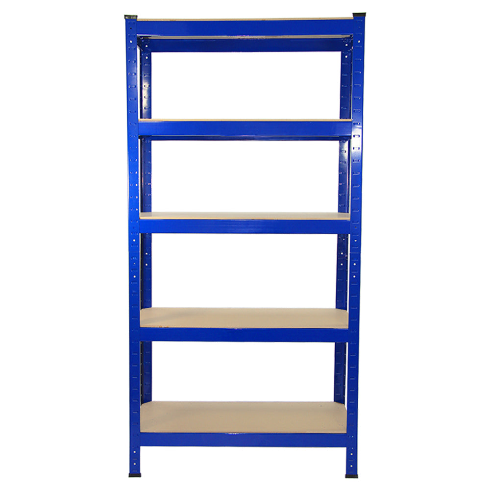 Rayonnage T-Rax en acier bleu, 4 étagères, dimensions 75cm x 30cm x 150cm, surface lisse et robuste, idéal pour le rangement