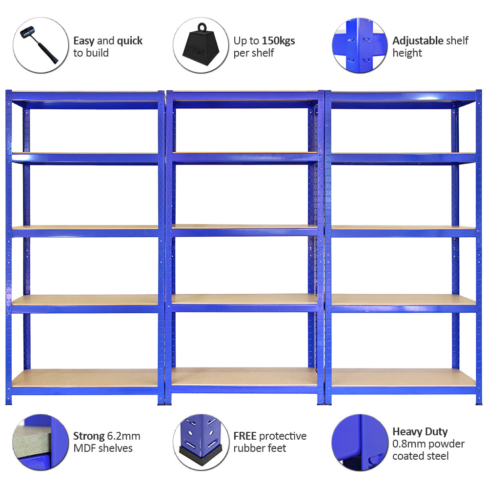 Rayonnages T-Rax en acier bleu, dimensions 75cm x 30cm x 150cm, avec étagères en MDF, robustes et réglables, capacité de 150kg par étagère