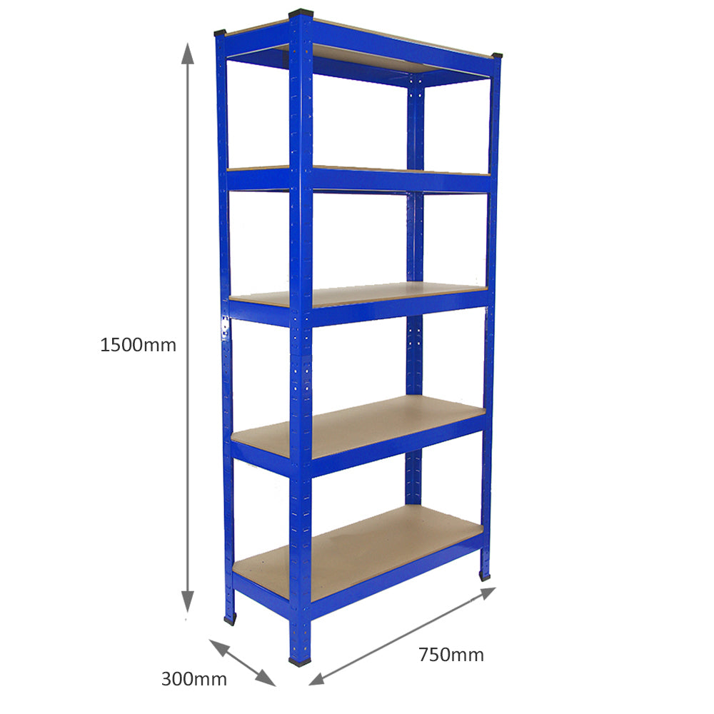Rayonnage T-Rax en acier bleu, dimensions 75cm x 30cm x 150cm, avec cinq étagères en bois, idéal pour le rangement robuste et organisé