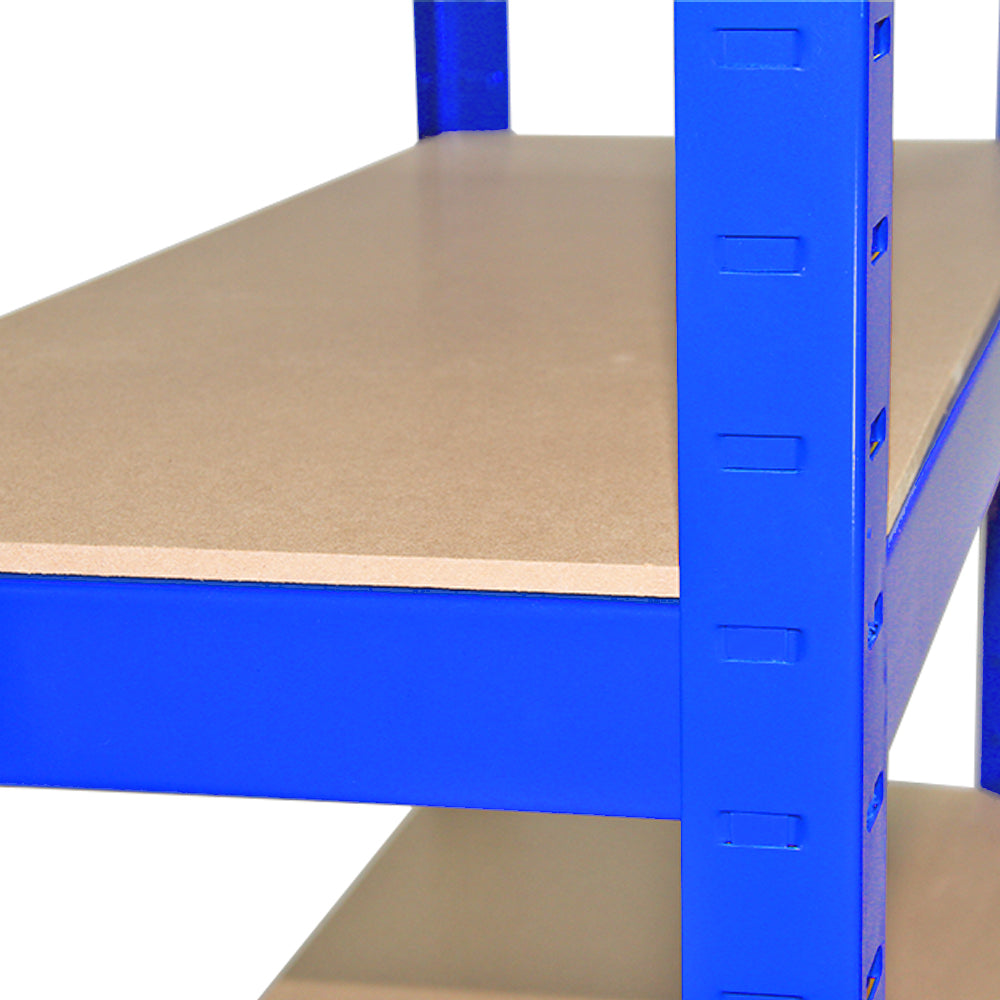Rayonnage T-Rax en acier bleu avec étagères en bois, dimensions 75cm x 30cm x 150cm, idéal pour le rangement robuste et organisé