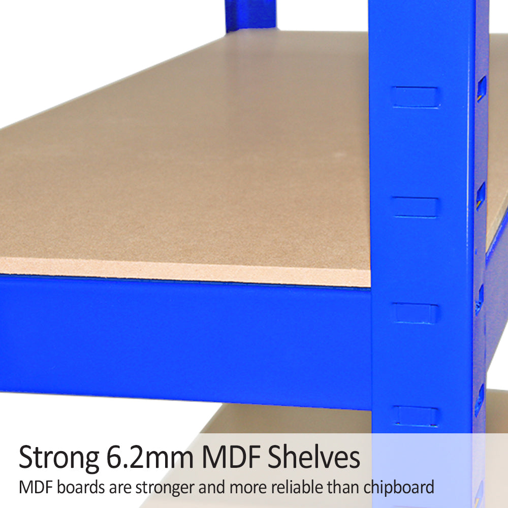 Rayonnage en acier bleu avec étagères en MDF de 6,2 mm, offrant robustesse et fiabilité pour le rangement efficace d'objets
