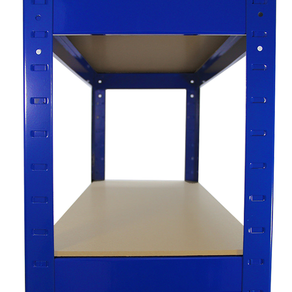 Rayonnage T-Rax en acier bleu avec étagères en bois clair, dimensions 75cm x 30cm x 150cm, structure robuste et moderne