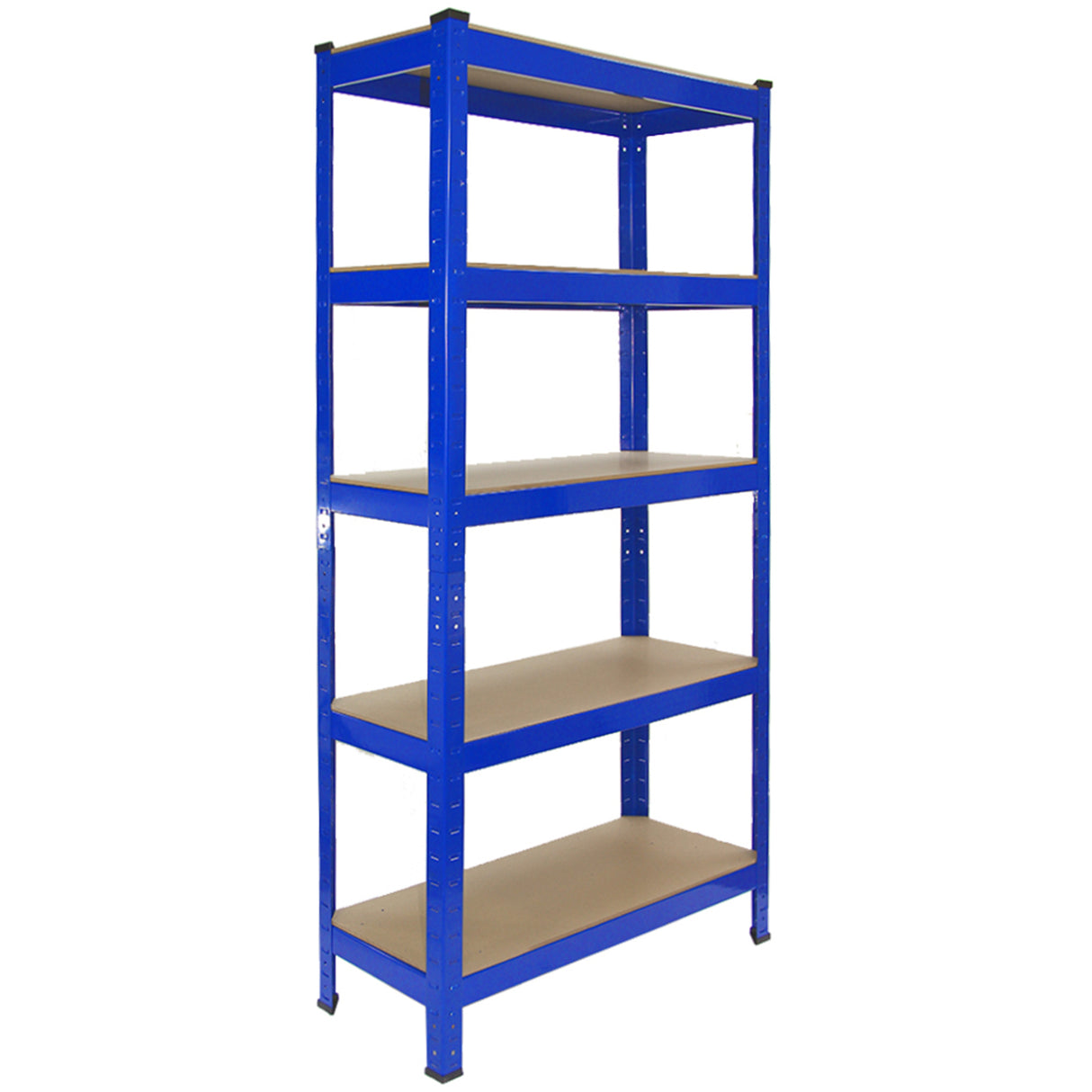 Rayonnage T-Rax en acier bleu, dimensions 75cm x 30cm x 150cm, avec cinq étagères en bois clair, design robuste et moderne