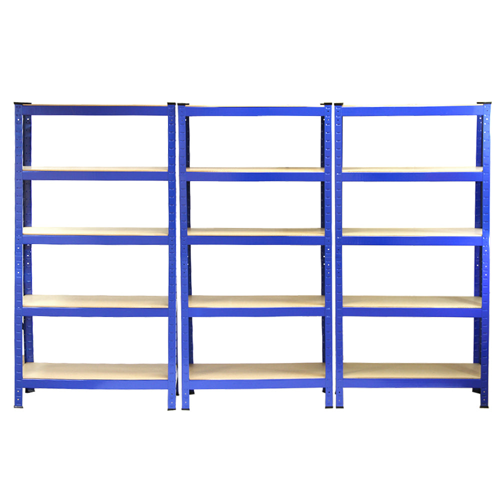 Rayonnages T-Rax en acier bleu, 10 unités, dimensions 75cm x 30cm x 150cm, avec étagères en bois clair, design robuste et moderne