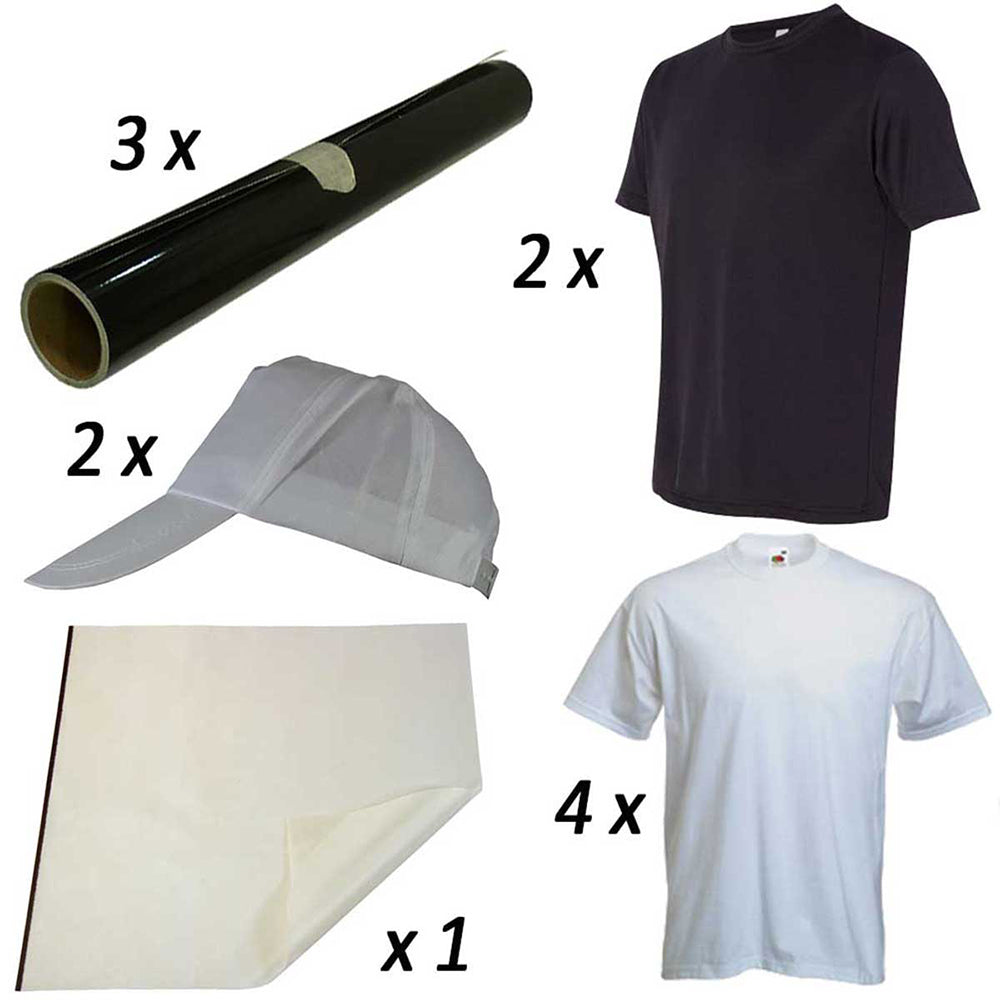 Ensemble de sublimation comprenant des rouleaux noirs, des t-shirts noirs et blancs, une casquette blanche et un tissu blanc, idéal pour le transfert d'images