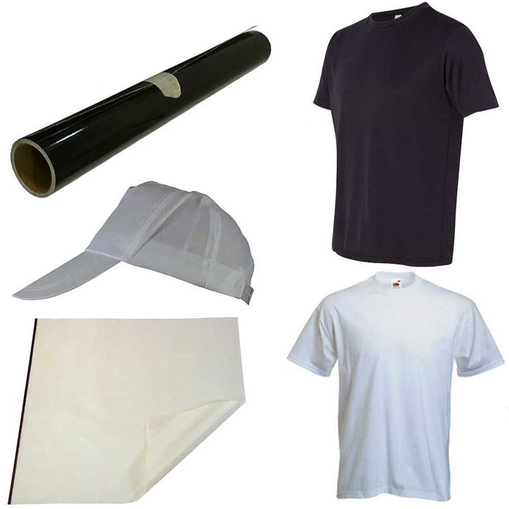Ensemble de sublimation comprenant un rouleau de film noir, un t-shirt noir, une casquette blanche et un t-shirt blanc en coton doux
