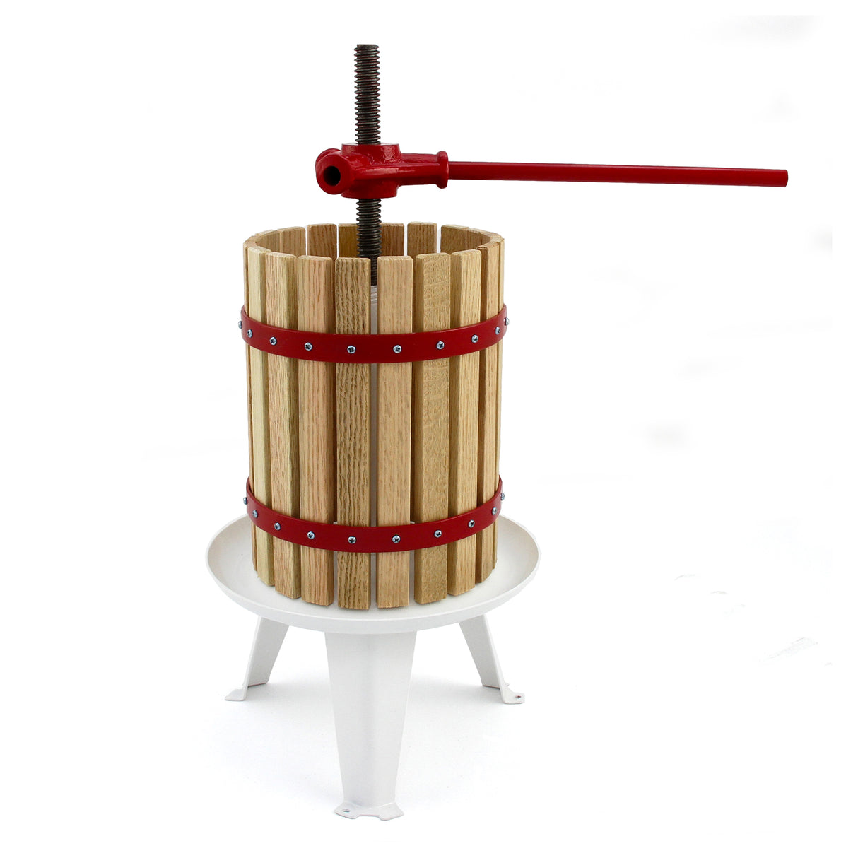 Presse à fruits en bois de 6 litres avec un cadre en métal rouge, base blanche, et vis de pression pour extraire le jus