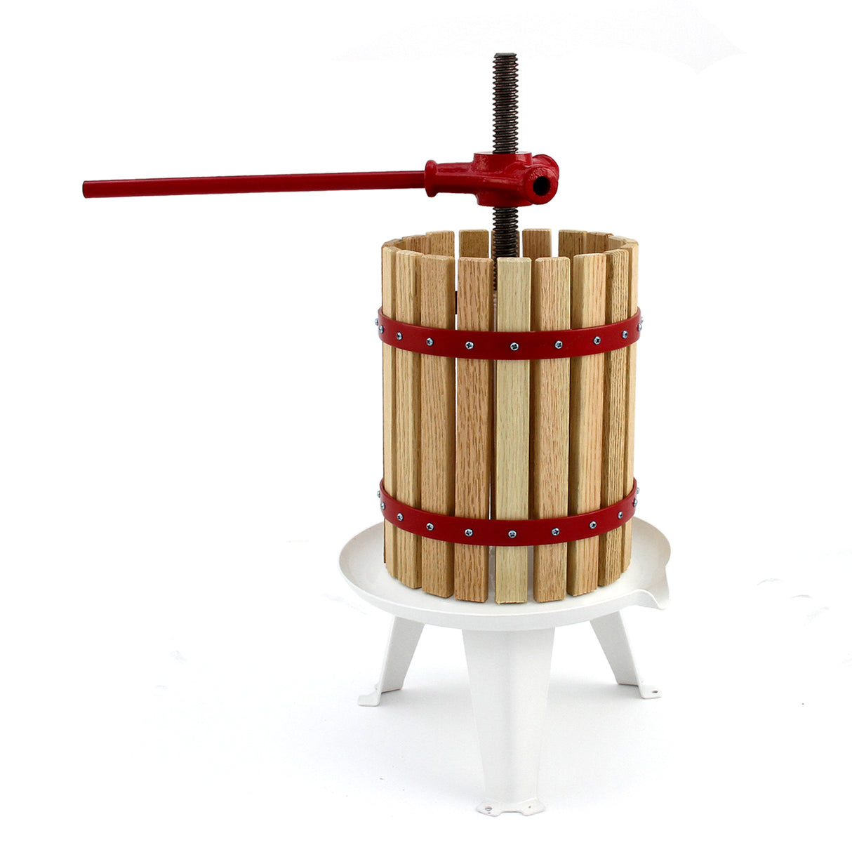 Pressoir à fruits traditionnel de 6 litres en bois clair avec des bandes rouges, base blanche et manivelle rouge pour presser les fruits
