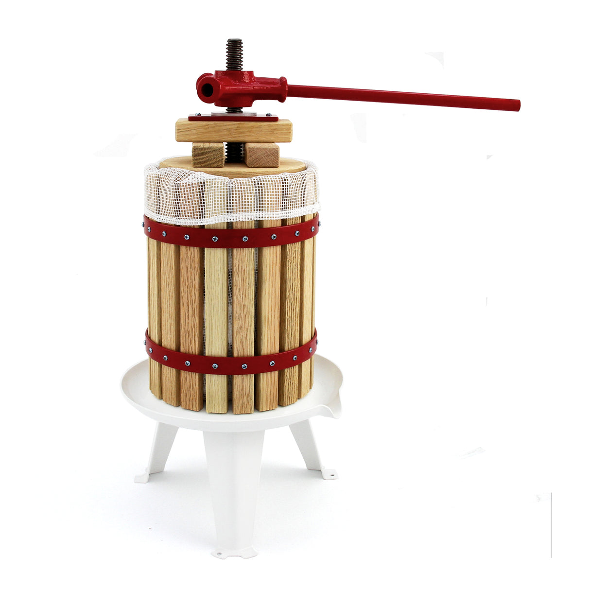 Presse à fruits traditionnelle de 6 litres en bois et métal, avec un levier rouge, un panier en bois et un support blanc stable