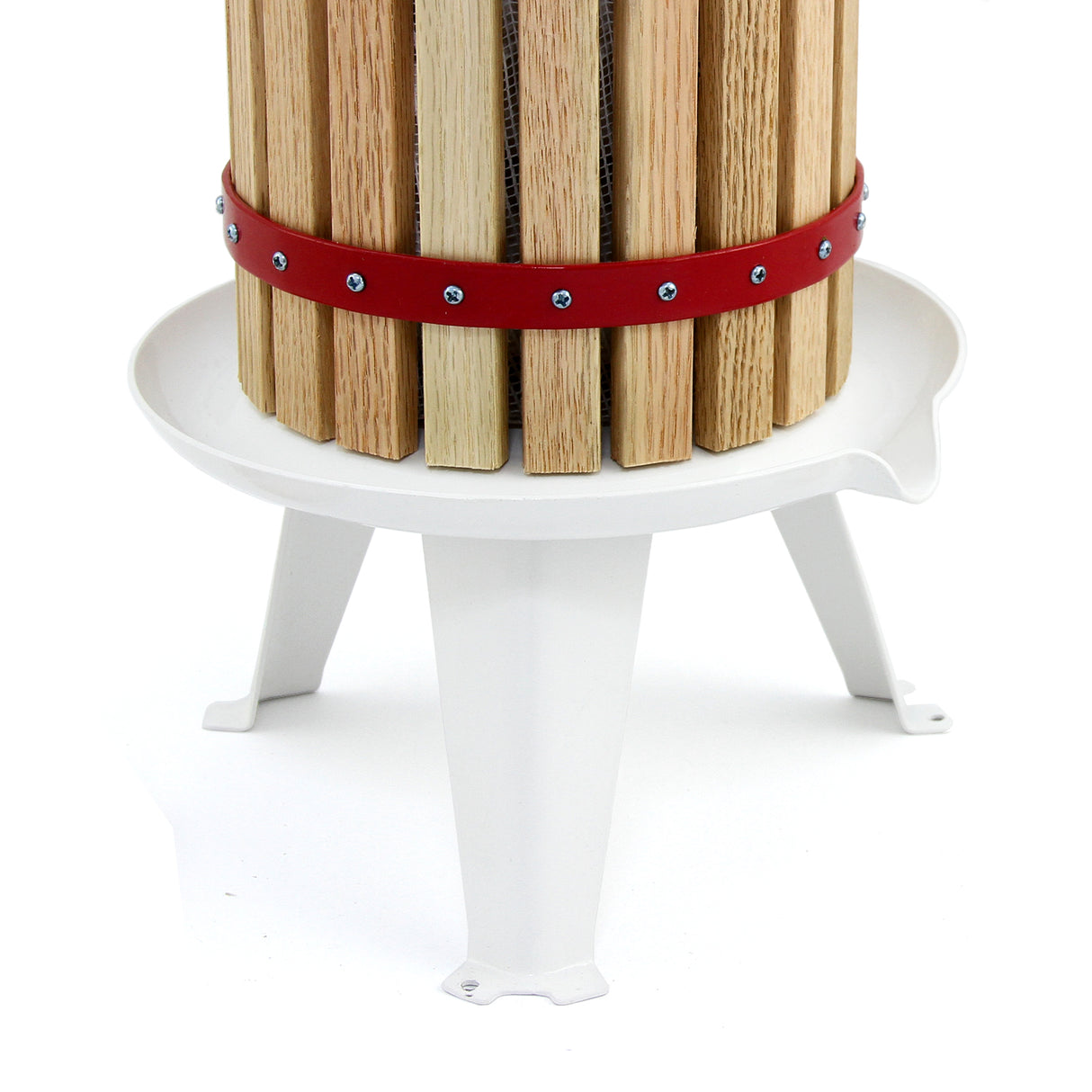 Pressoir à fruits traditionnel de 6 litres avec fût en bois, cerclage rouge, et base blanche en métal, idéal pour la fabrication de jus