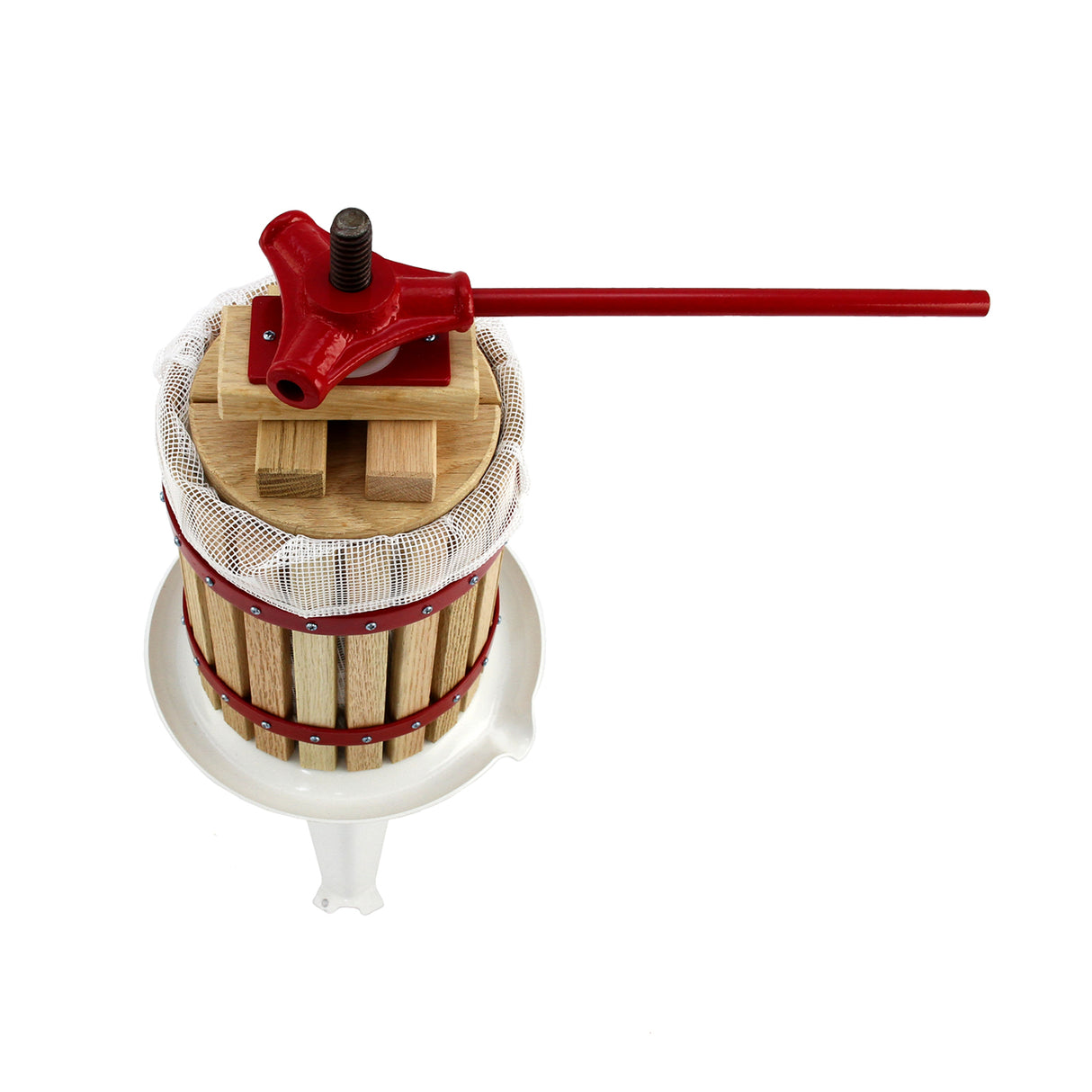 Presse à fruits traditionnelle de 6 litres en bois, avec un couvercle rouge et un levier, sur un fond blanc, idéale pour le jus maison