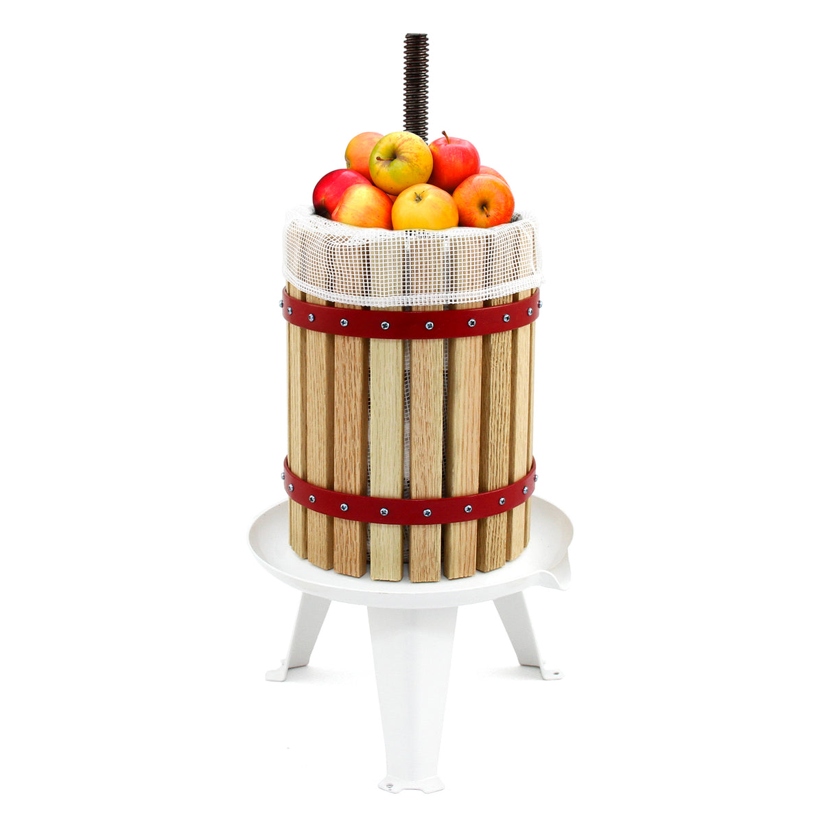 Pressoir à fruits traditionnel en bois de 12 litres, avec des pommes colorées, filet en toile et base blanche stable