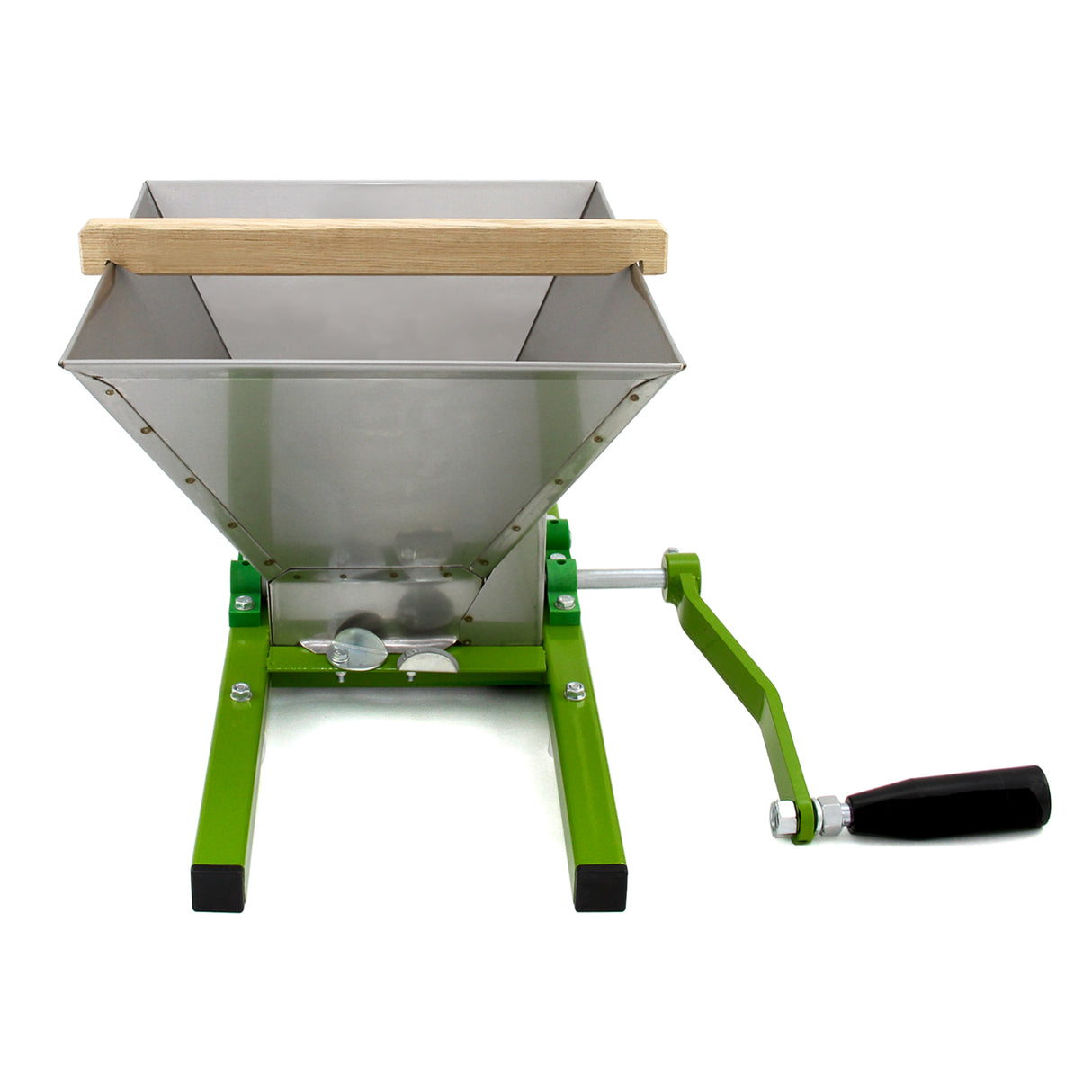 Broyeur à fruits en acier inoxydable avec cadre vert, manivelle noire et cuve de 7 litres pour un pressage efficace des fruits
