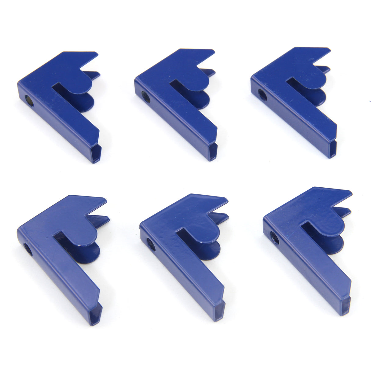 Connecteurs de baies en acier bleu, forme en L, finition lisse, utilisés pour assembler les rayonnages T-Rax de 90cm x 45cm x 180cm