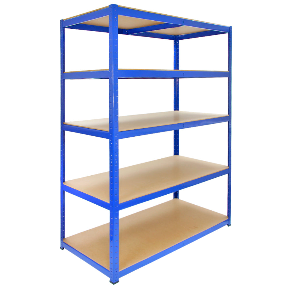 Rayonnage T-Rax en acier bleu, dimensions 120cm x 60cm x 180cm, avec cinq étagères en bois, offrant une surface de rangement robuste et spacieuse