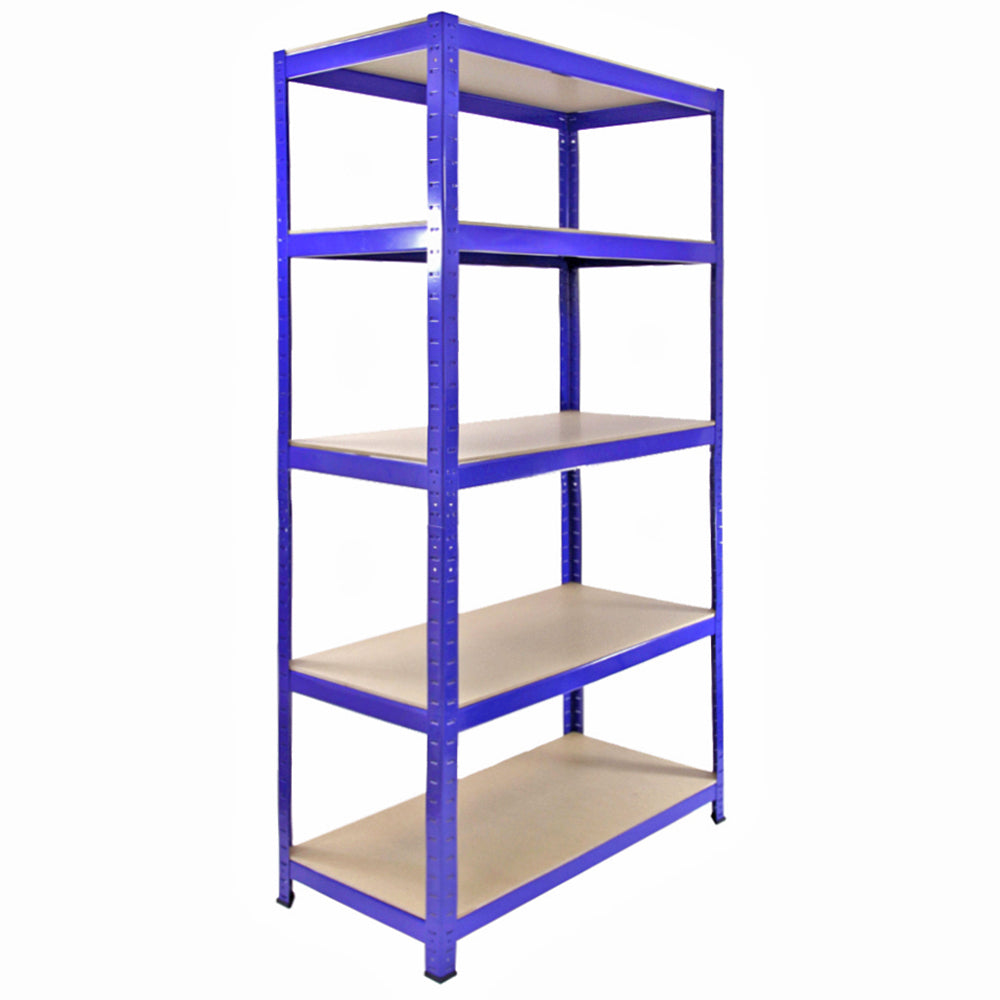 Rayonnage T-Rax en acier bleu, dimensions 90cm x 45cm x 182,5cm, avec cinq étagères robustes et surfaces lisses pour le rangement