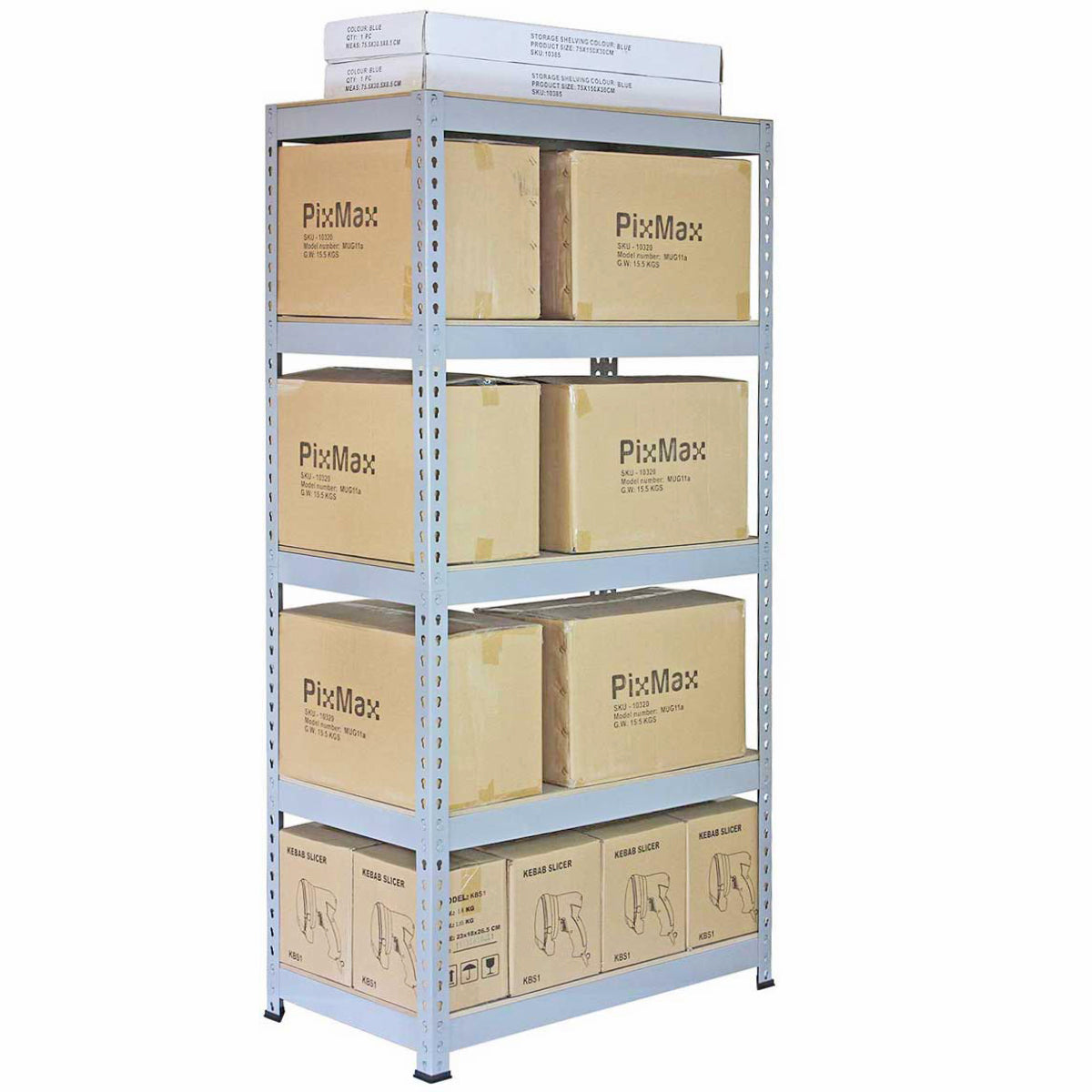 Rayonnage en acier gris avec quatre étagères, portant des cartons bruns, idéal pour le rangement et l'organisation d'espace de stockage