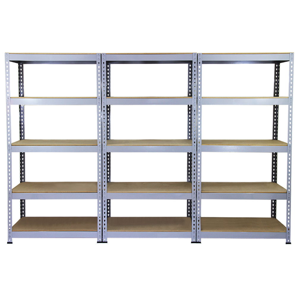 Rayonnages Q-Rax en acier gris, dimensions 90cm x 50cm x 180cm, avec étagères en bois, offrant une grande capacité de rangement et robustesse
