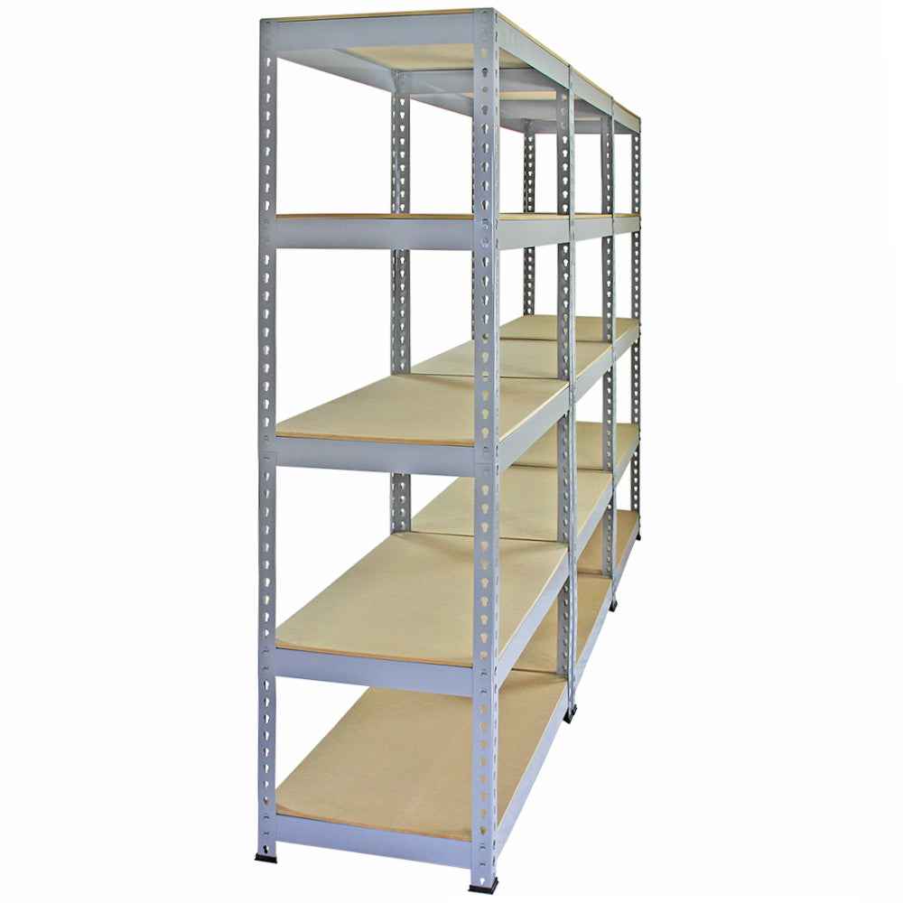 Rayonnage en acier gris de 90cm x 50cm x 180cm avec six étagères en bois, conçu pour un rangement robuste et efficace