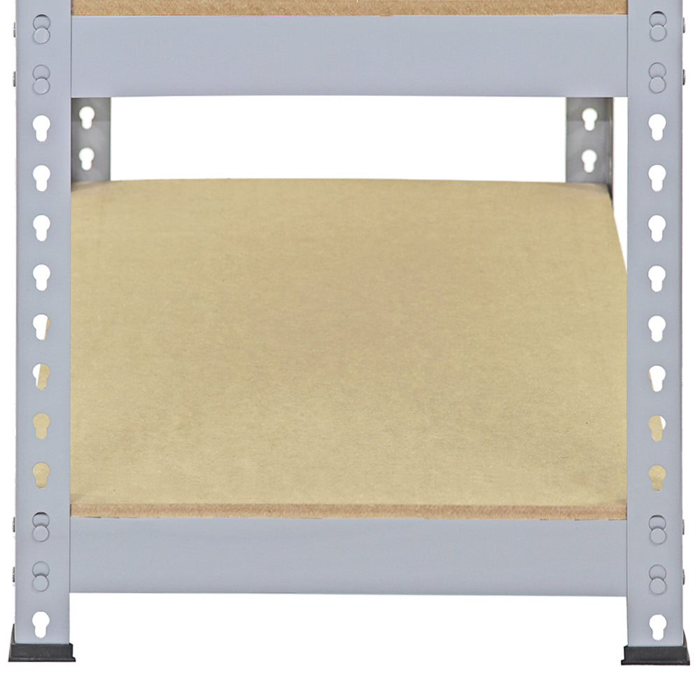 Rayonnage en acier gris avec étagères en bois, dimensions 90cm x 50cm x 180cm, conçu pour un rangement robuste et efficace