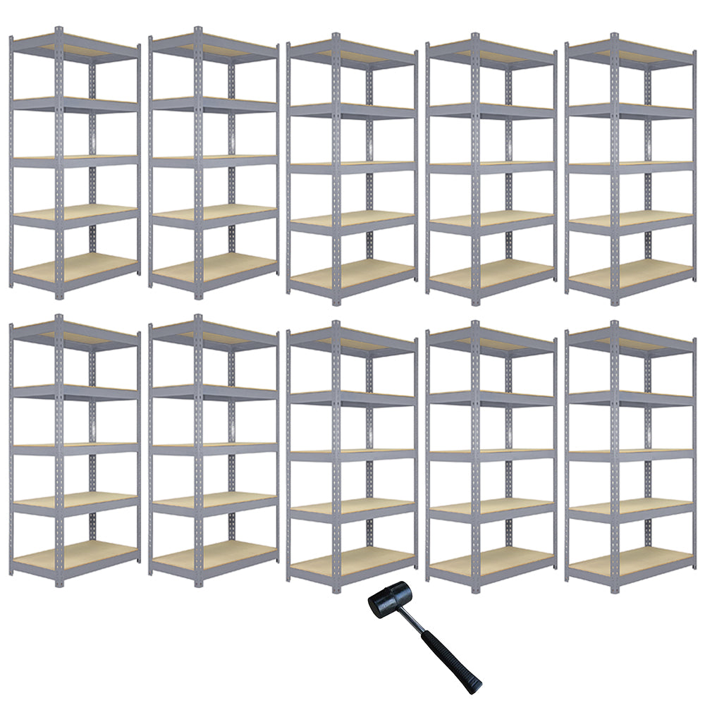 Rayonnages Q-Rax en acier gris, 10 unités, dimensions 90cm x 50cm x 180cm, avec étagères en bois, robuste et fonctionnel