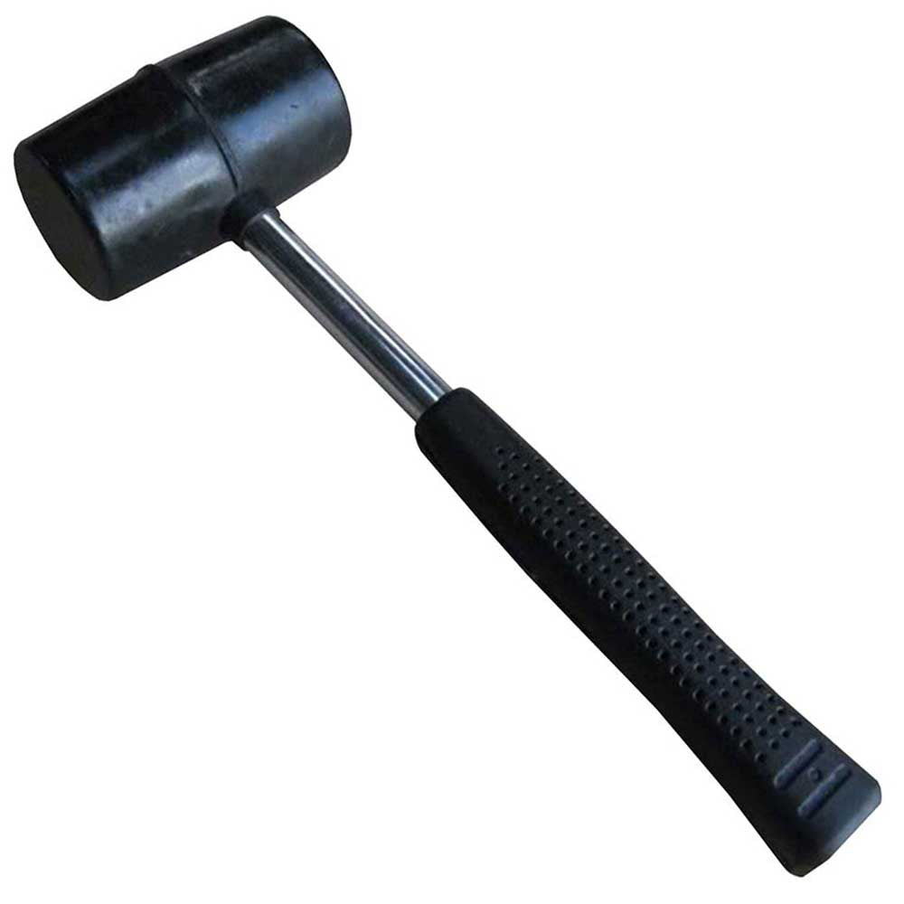 Marteau en caoutchouc noir avec un long manche en métal, idéal pour des travaux de bricolage et de montage sans endommager les surfaces
