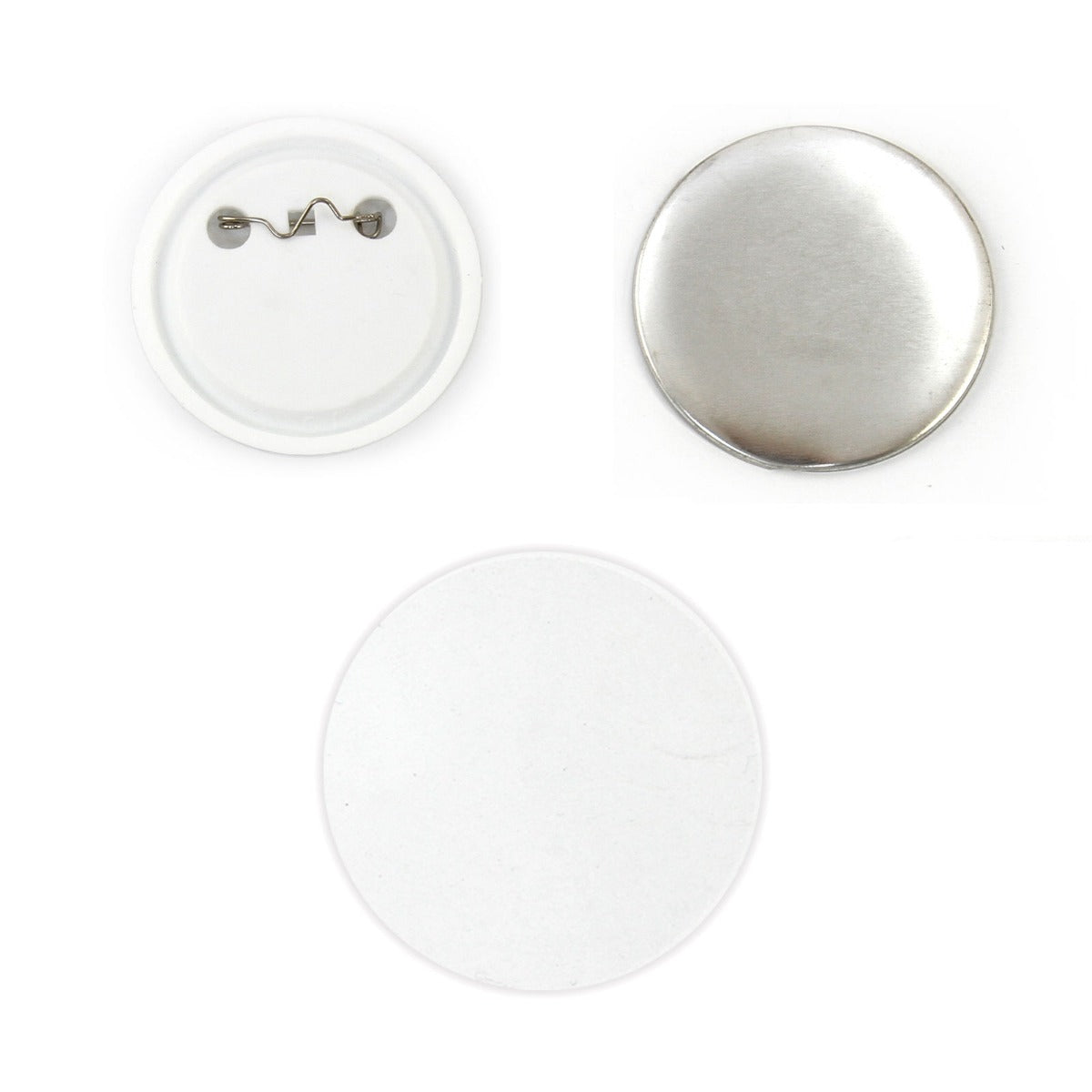 Badges vierges de 58 mm, surface brillante en métal, dos en plastique blanc avec attache en métal, idéal pour personnalisation