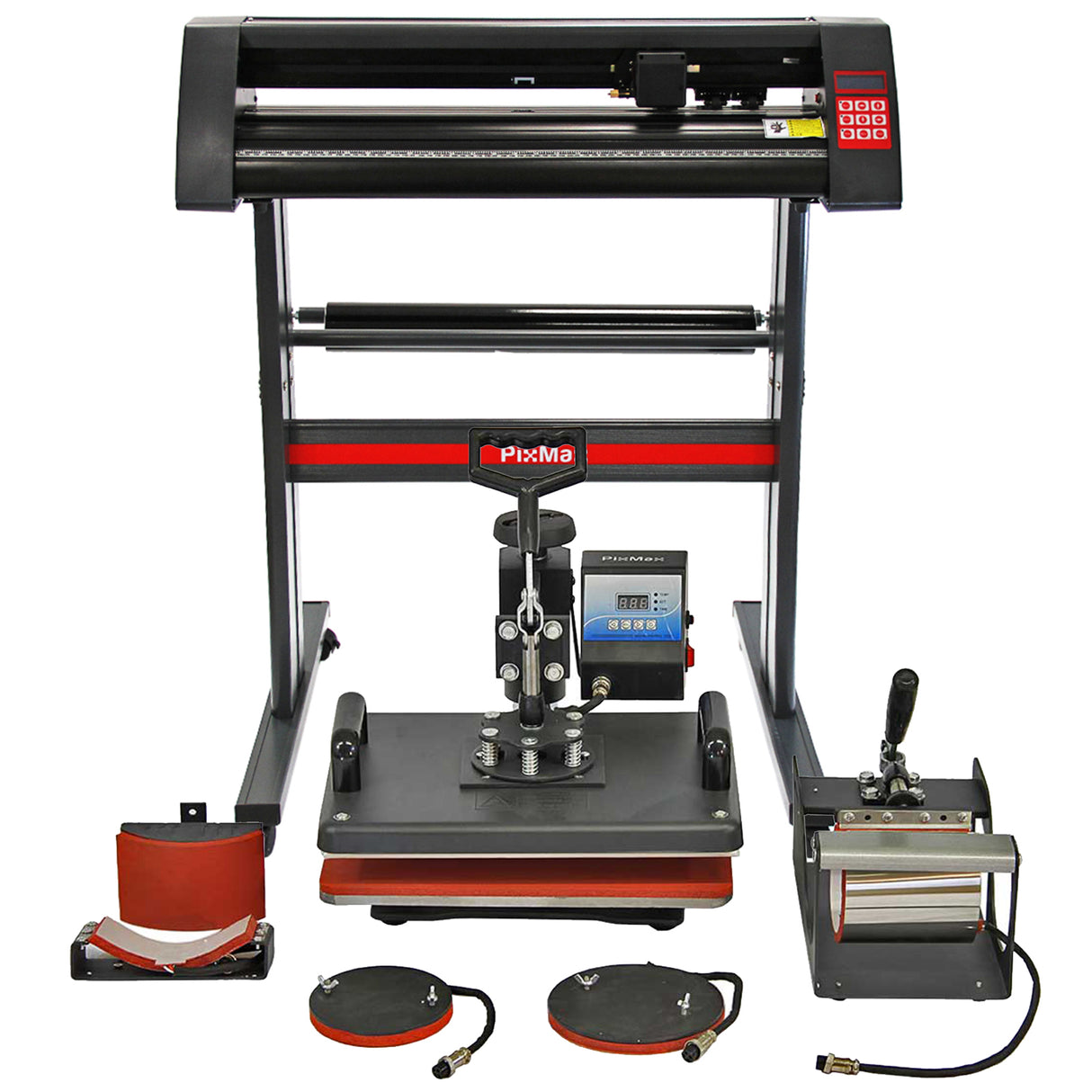 Presse à chaud 5 en 1 PixMax avec plotter de vinyle, structure en métal noir, accessoires variés, surface de travail large et écran numérique
