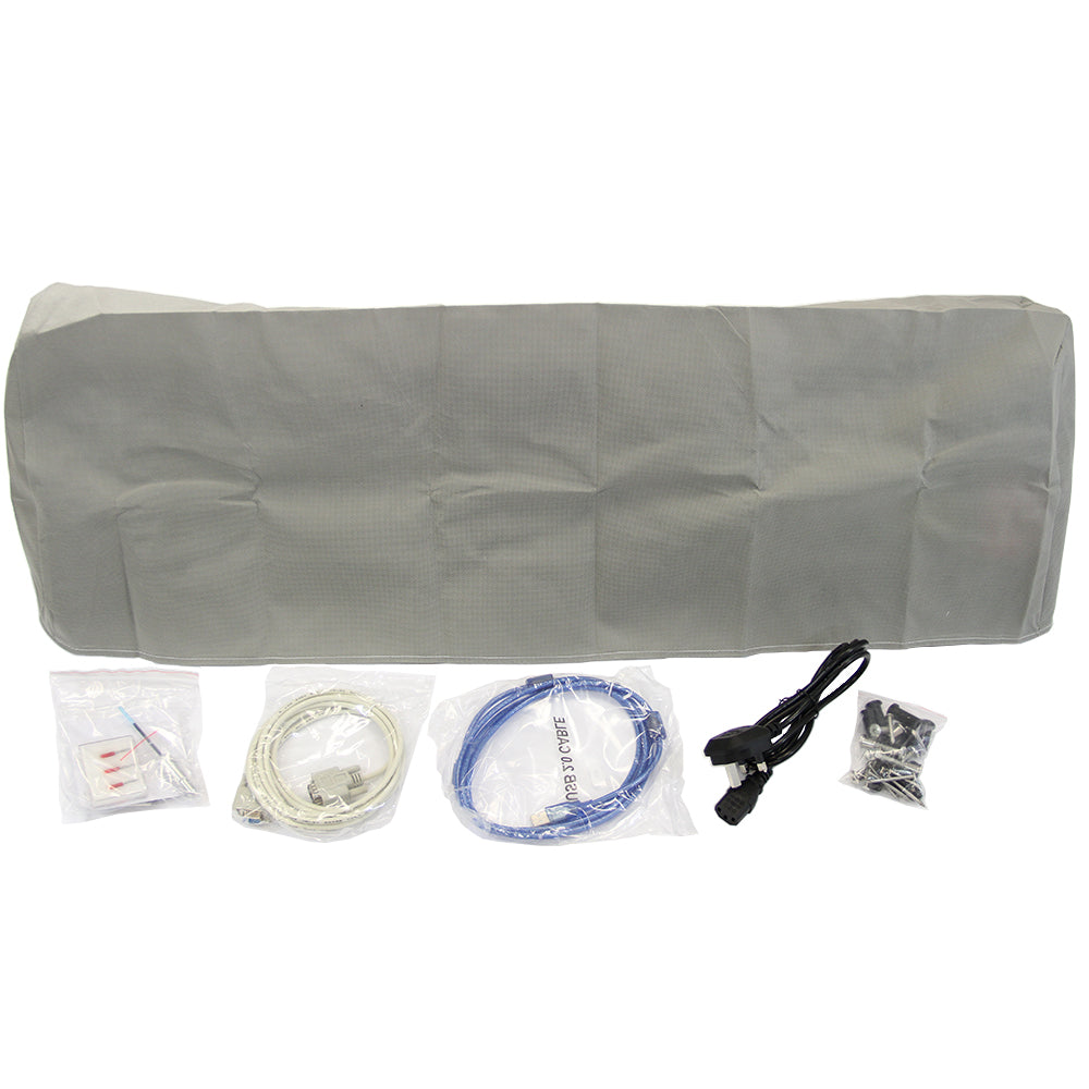 Presse à chaud palourde 38 cm avec accessoires, câbles et vis, présentée dans un emballage transparent, couleur grise et texture lisse
