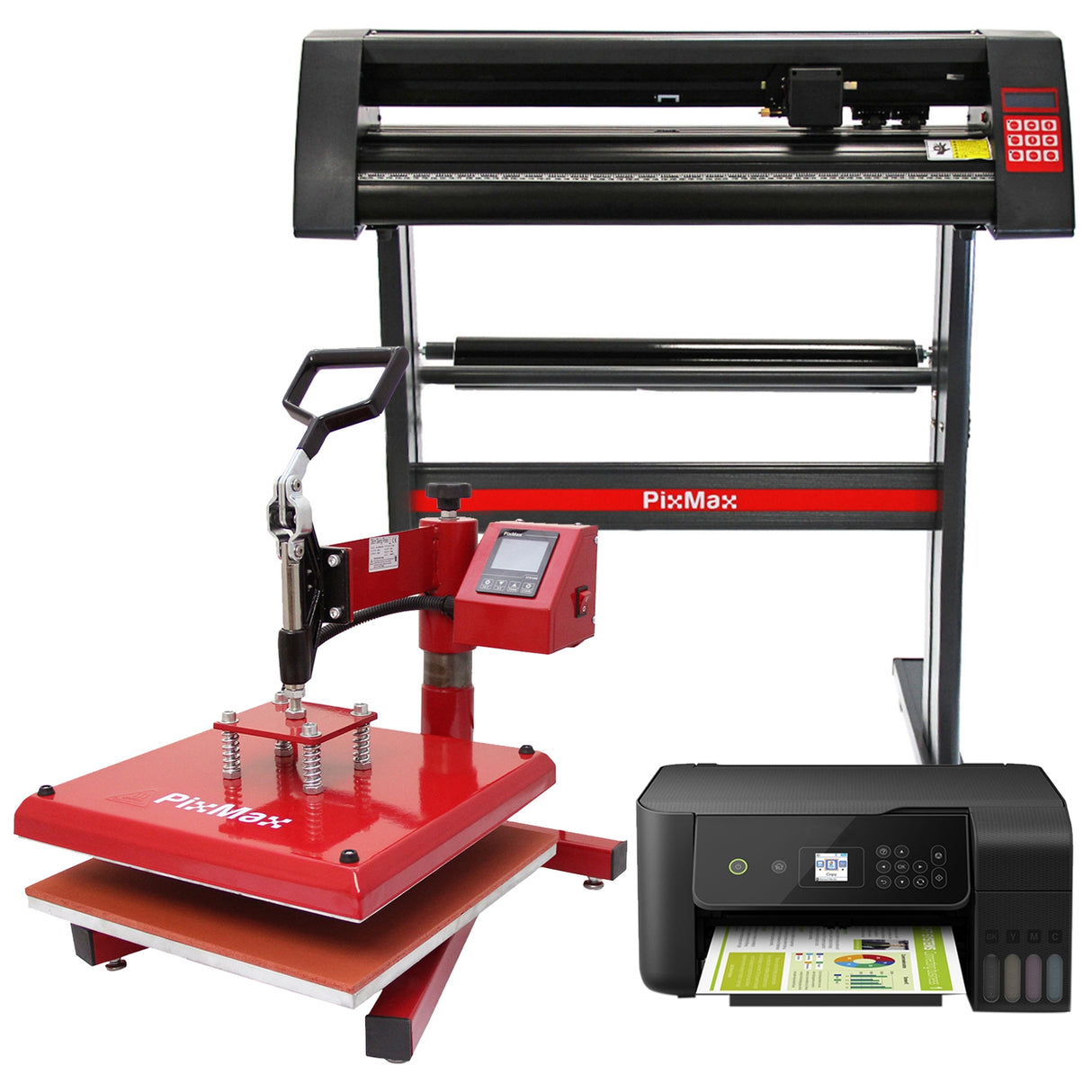 Presse à chaud rouge PixMax avec plotter de découpe vinyle noir et imprimante, tous conçus pour des projets de création personnalisés