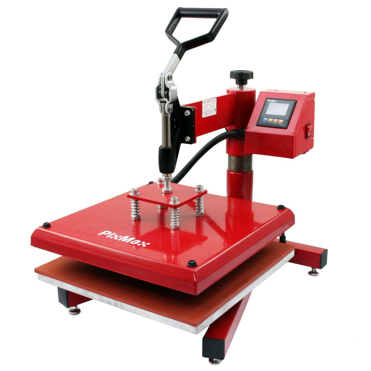 Presse à chaud PixMax rouge de 38 cm avec écran numérique, base stable et poignée ergonomique pour un usage facile et efficace