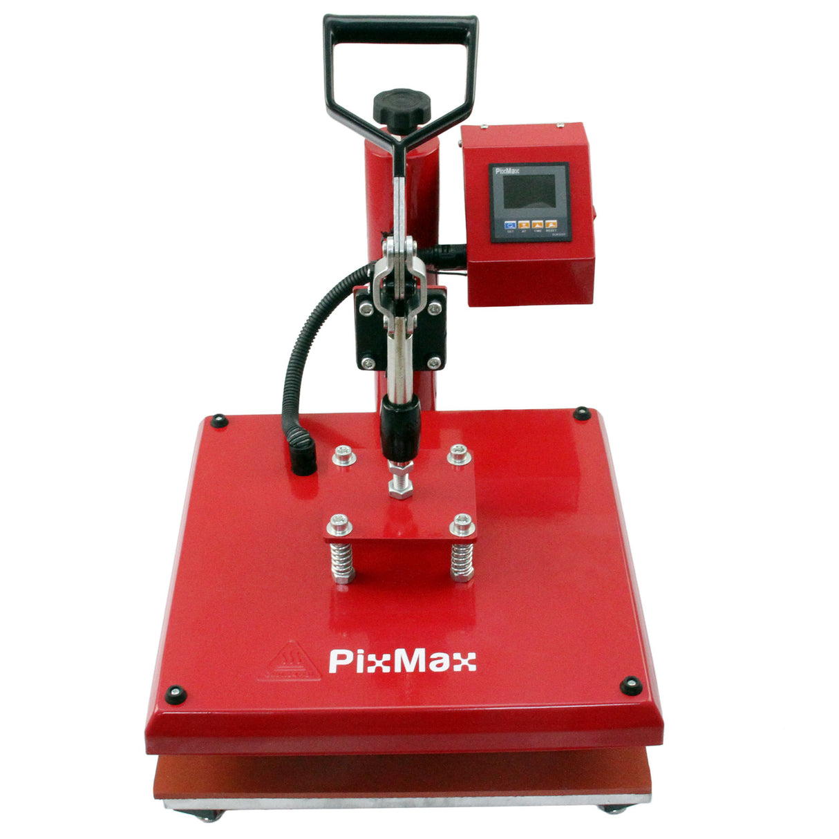 Presse à chaud PixMax rouge avec écran numérique, poignée ergonomique et base stable, idéale pour le transfert de vinyle