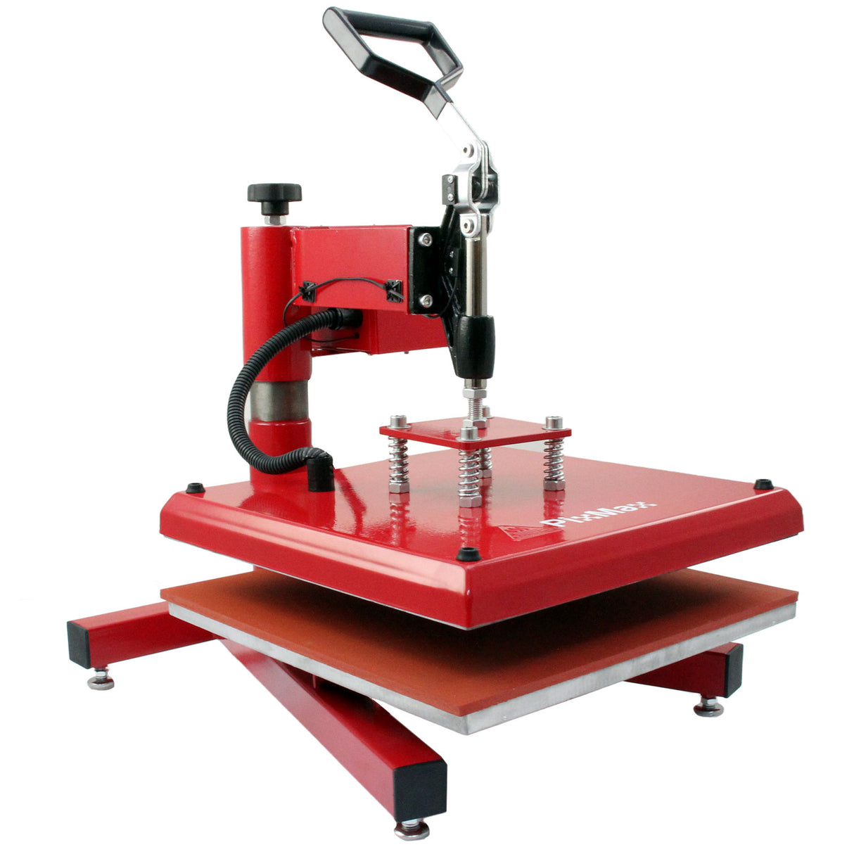 Presse à chaud PixMax rouge avec plateau de 38 cm, poignées ergonomiques et base stable, idéale pour le transfert de vinyle