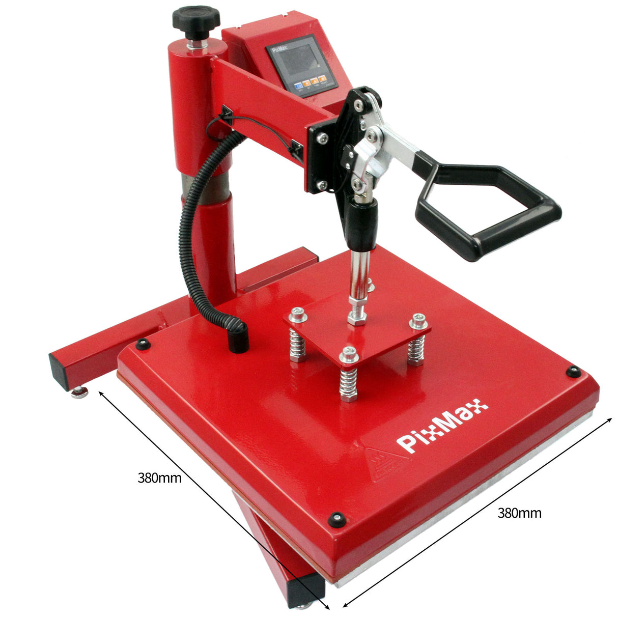 Presse à chaud PixMax rouge de 38 cm avec écran numérique, bras de levage et base solide, idéale pour le transfert de vinyle