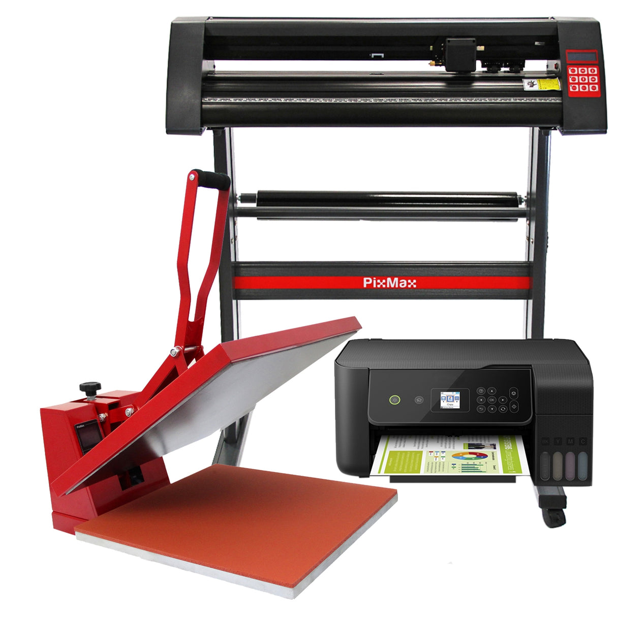 Presse à chaud rouge et noir avec plateau, plotter de découpe vinyle PixMax et imprimante multifonction, tous en position de travail