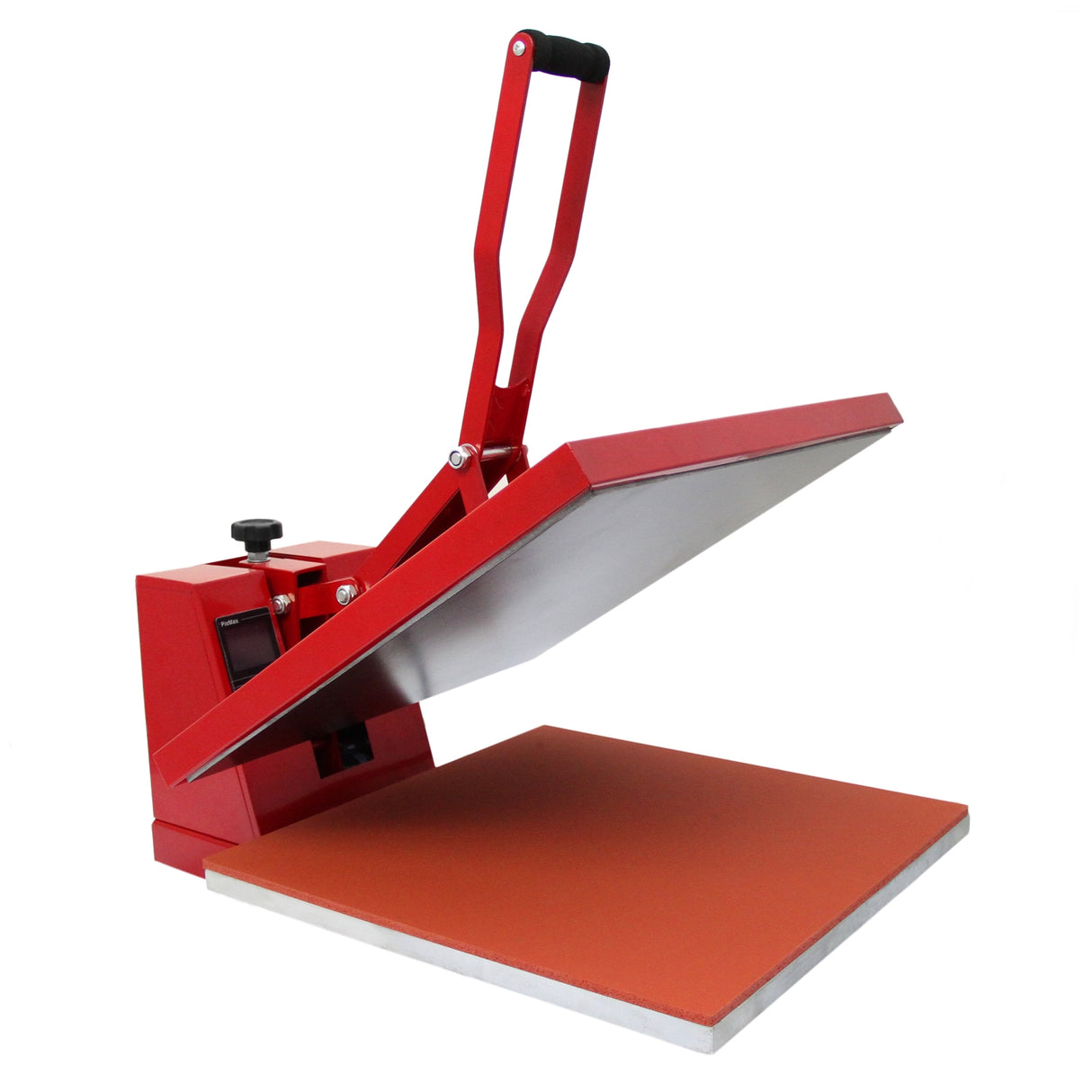 Presse à chaud rouge avec un plateau de 50 cm, surface lisse et poignée ergonomique pour des applications de transfert de vinyle