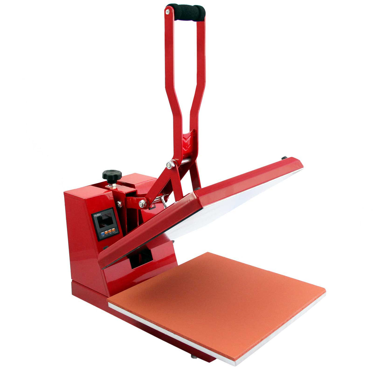 Presse à chaud rouge de 38 cm avec plateau orange, poignée ergonomique et écran de contrôle pour des projets de vinyle et d'impression
