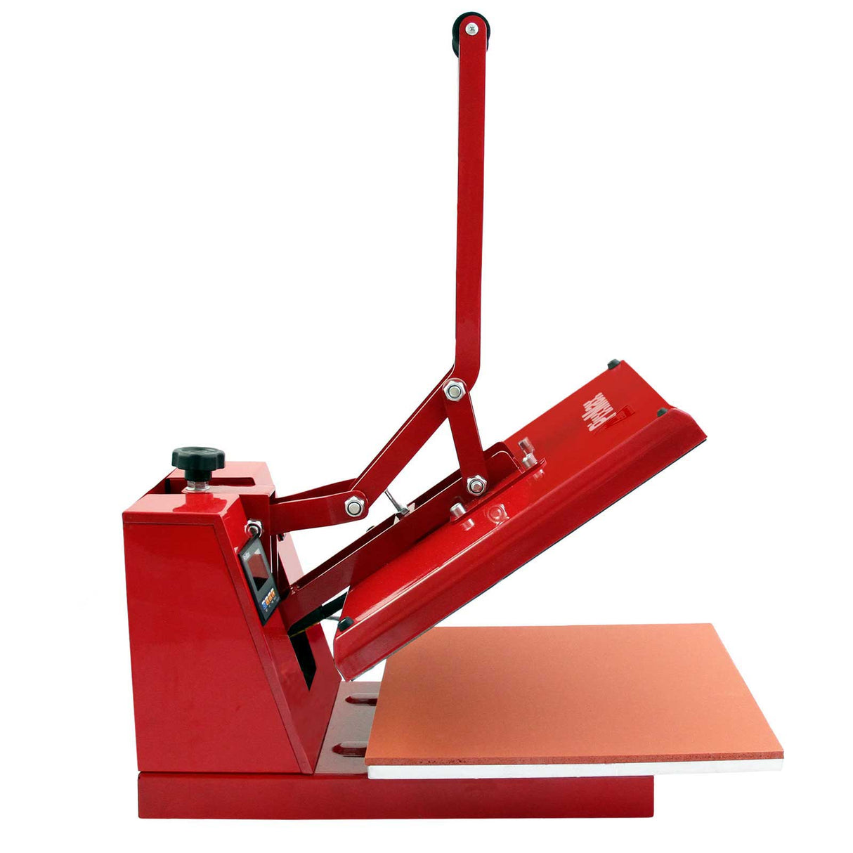 Presse à chaud rouge avec bras articulé, plateau de 38 cm, idéale pour le transfert de vinyle et l'impression textile