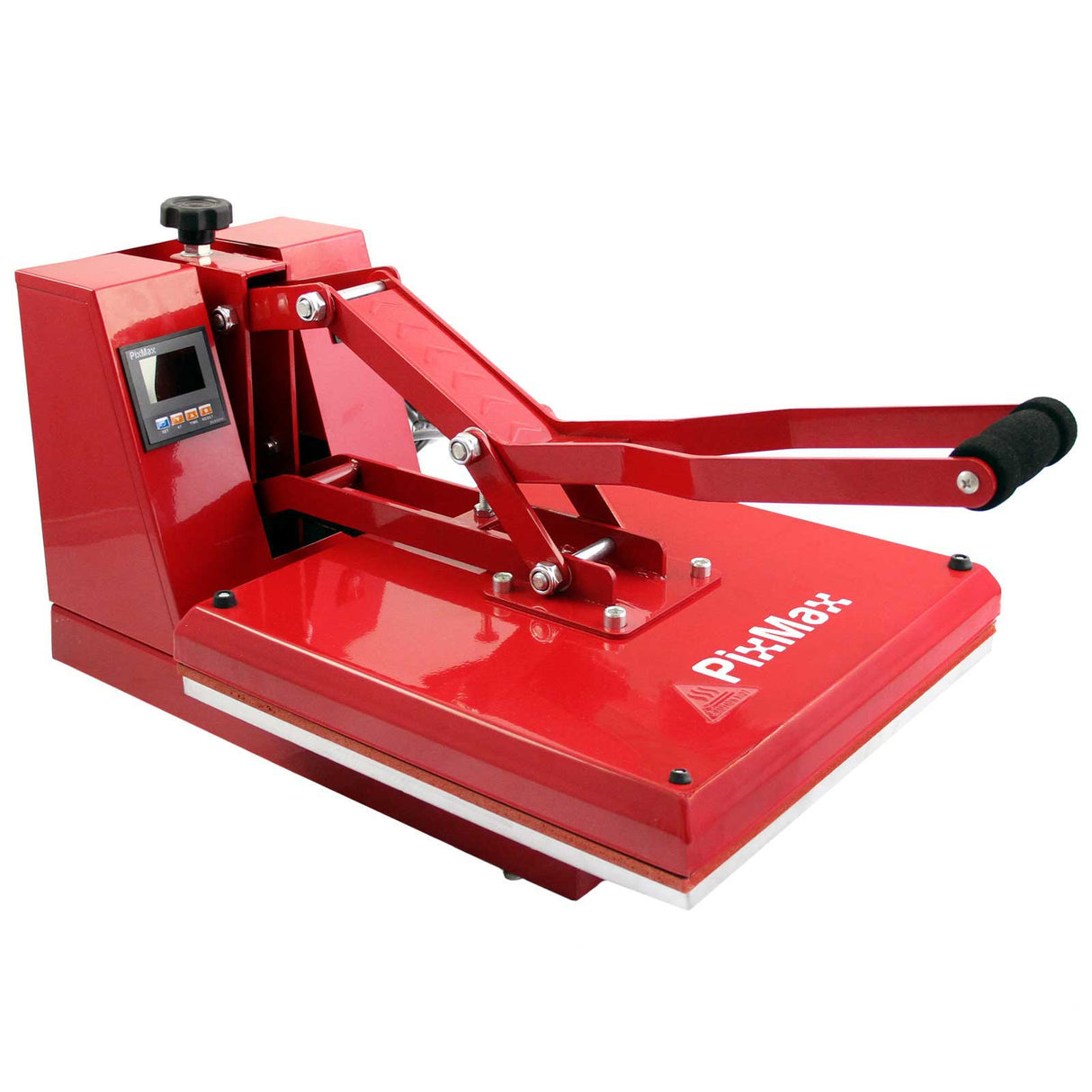 Presse à chaud plate PixMax rouge de 38 cm avec un design robuste, un levier ergonomique et un écran de contrôle numérique