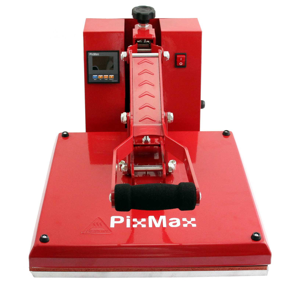 Presse à chaud PixMax rouge de 38 cm avec un plateau lisse, un levier de pression et un écran de contrôle numérique pour le vinyle