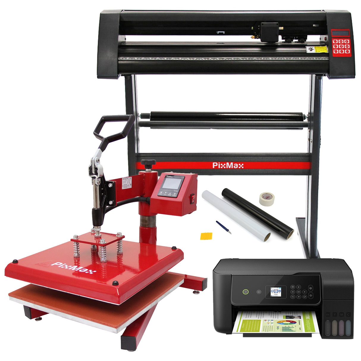 Presse à chaud rouge Pixmax, plotter de découpe noir, imprimante et accessoires pour vinyle sur fond blanc, idéal pour le transfert de motifs